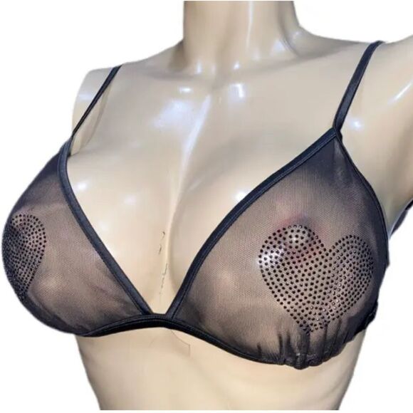 Victorias Secret Bling Rhinestone Heart Sexy sheer mesh bralette & V string L - Picture 3 of 8